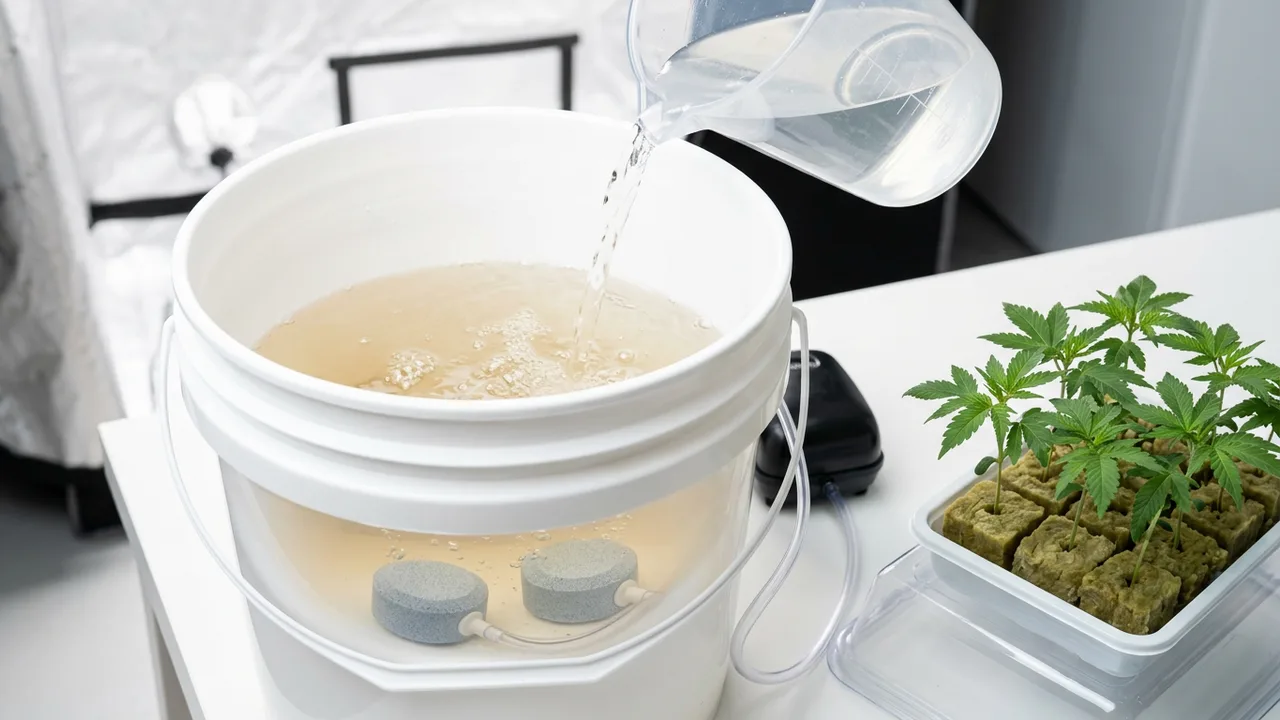 Clean DWC hydroponic system with new airstones, white bucket, nutrient solution being added, and healthy cannabis seedlings in rockwool read