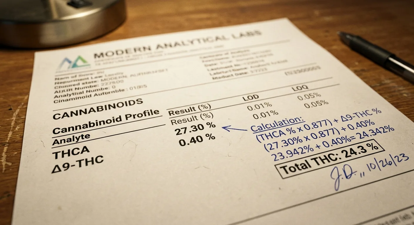 Lab COA showing THCA vs. THC — the 0.877 conversion factor means most seed bank claims are already overstated before growing variables apply.