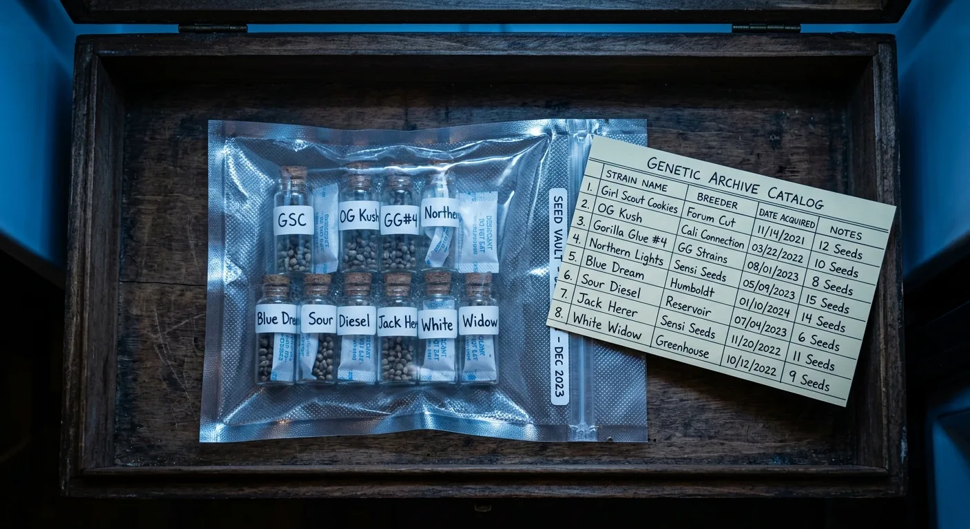 A properly catalogued seed vault setup with vacuum-sealed vials, silica packs, and a written log — the collector's essential infrastructure.