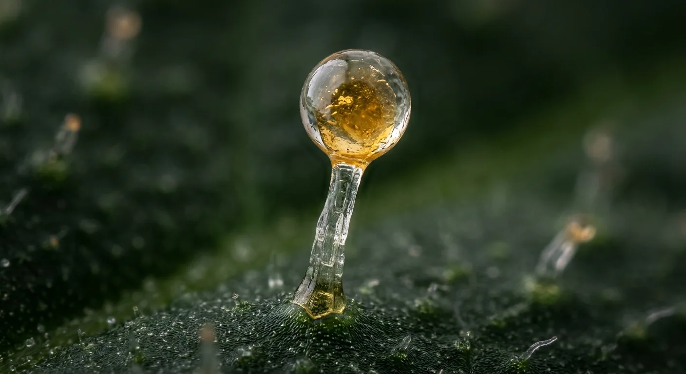 A capitate-stalked trichome: the biosynthesis site for virtually all cannabis terpenes. The secretory head cell is where GPP precursors are converted into aroma compounds.