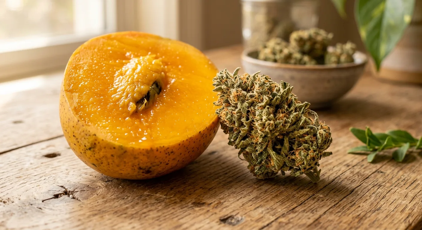 Ripe mango beside cannabis bud — both rich natural sources of myrcene terpene.