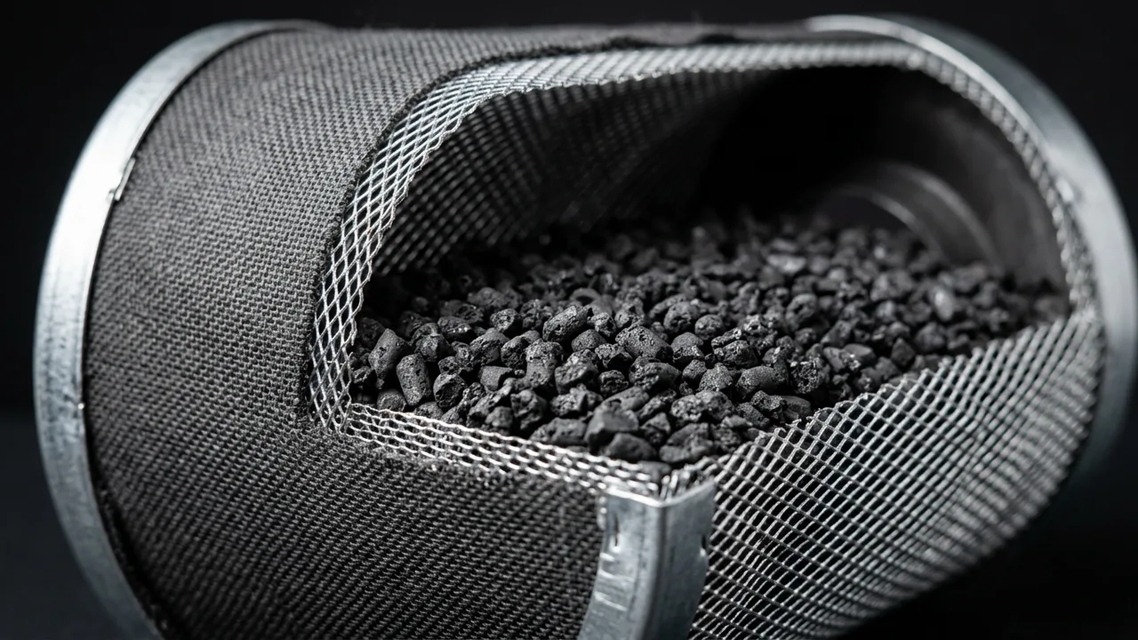 Cross-section of cannabis grow tent carbon filter revealing layered activated charcoal pellets and mesh pre-filter under studio lighting.
