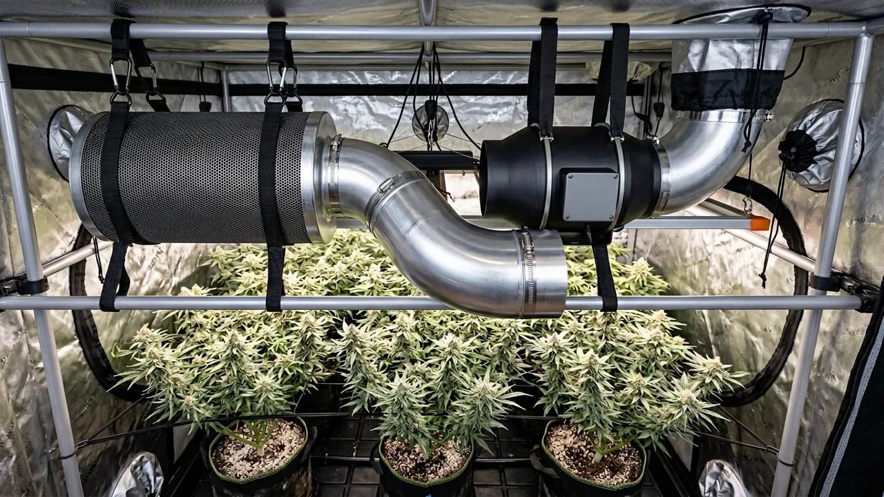 Carbon filter connected to inline fan with aluminum ducting in grow tent ceiling installation, top-down view.
