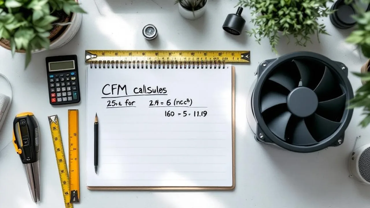Overhead view of CFM calculations on notepad with measuring tape, calculator, 6-inch inline fan, and carbon filter on white workbench.