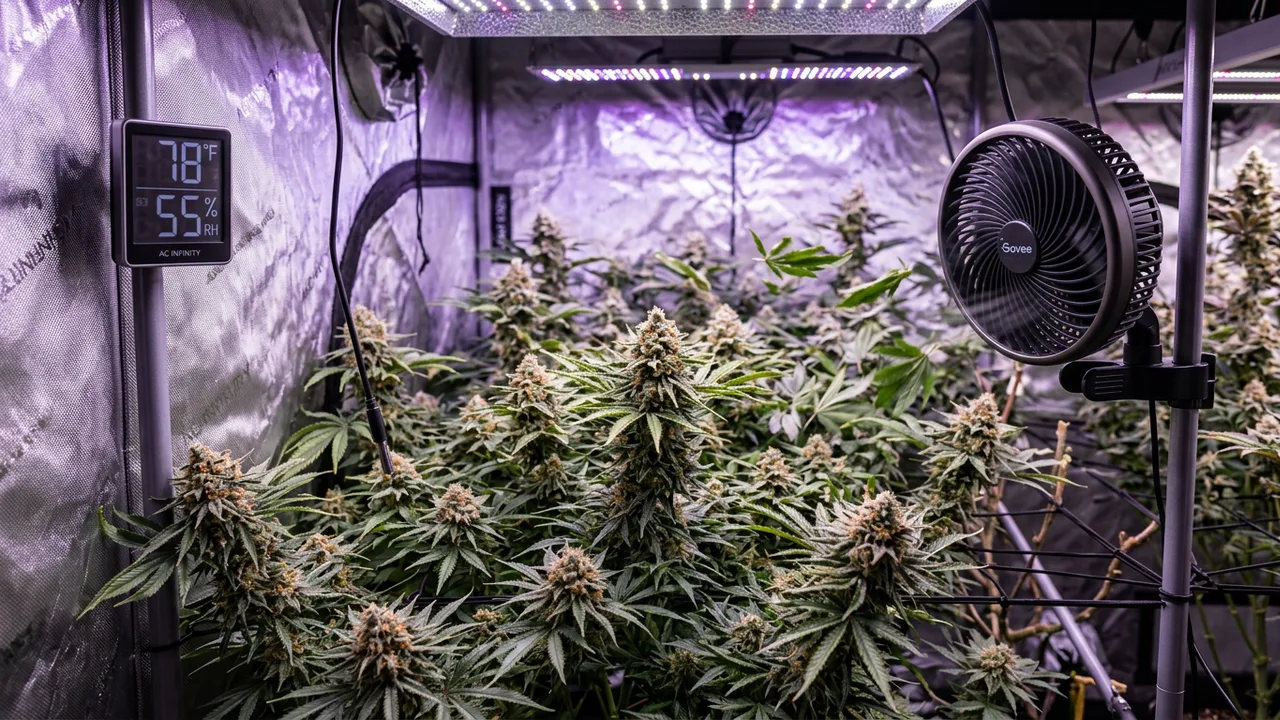 Grow tent interior with digital monitor showing 78°F and 55% humidity, clip fan circulating air across flowering cannabis plants under purpl