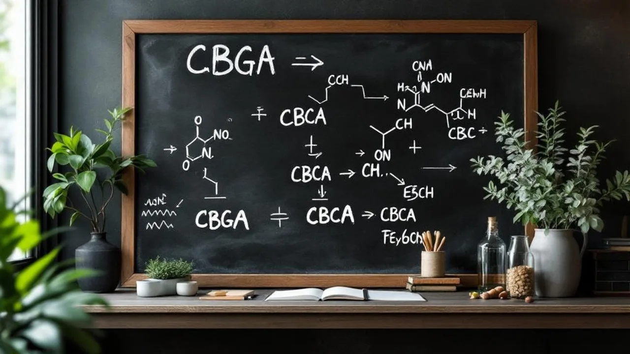 Chalkboard flowchart showing CBGA's enzymatic conversion to CBCA then CBC, with molecular structures and chemical arrows.