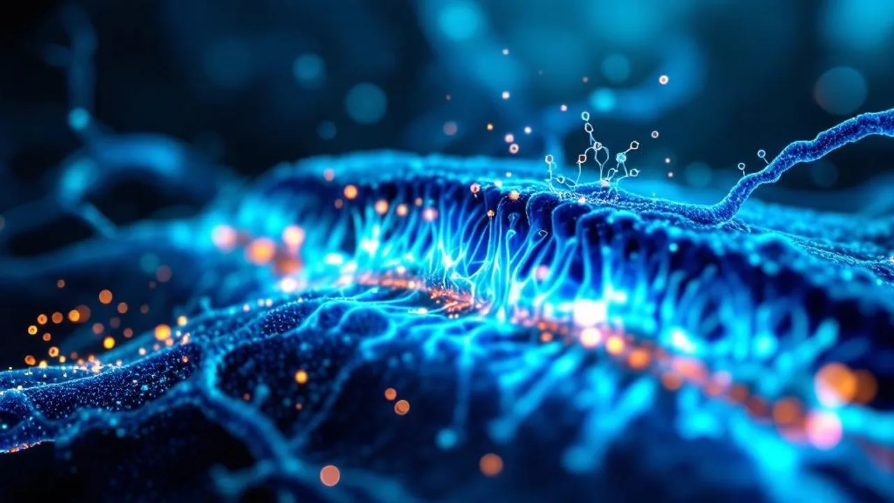 Neuron cell membrane cross-section showing CBC-activated TRPV1 and TRPA1 ion channels with glowing calcium ion flow in blue and teal tones.