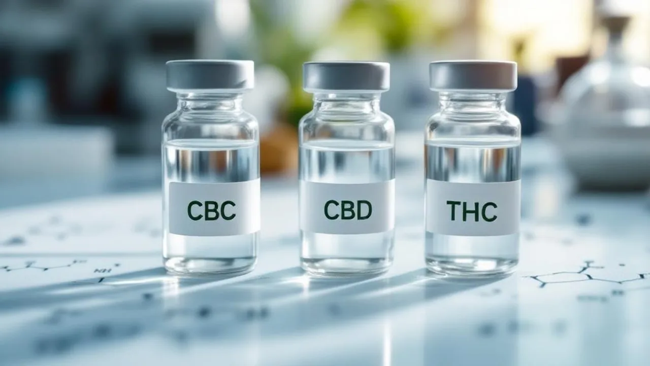 Three labeled glass vials containing CBC, CBD, and THC samples displayed on a laboratory bench with molecular structure diagrams.