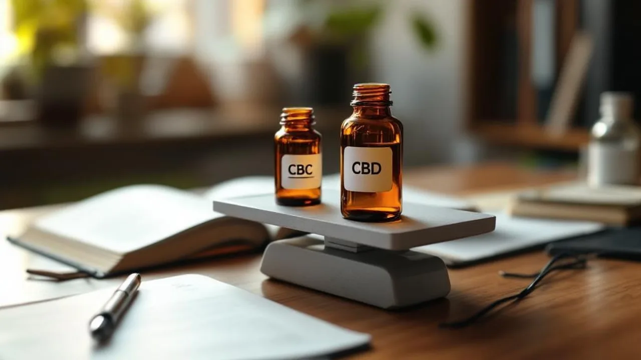 Balance scale comparing amber bottles labeled CBC and CBD on research desk with journal, symbolizing cannabinoid comparison.