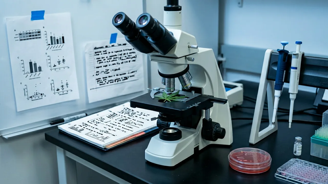Lab setup showing petri dishes, pipette, and cannabis leaf under microscope with inflammation assay data charts visible under clinical light