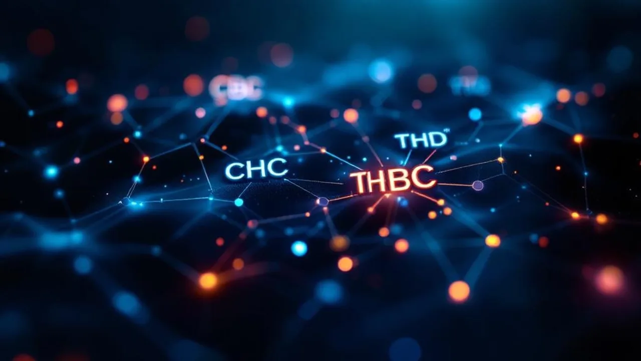 Molecular diagram showing CBC, THC, CBD, and terpenes connected by glowing lines illustrating cannabis entourage effect on dark background.