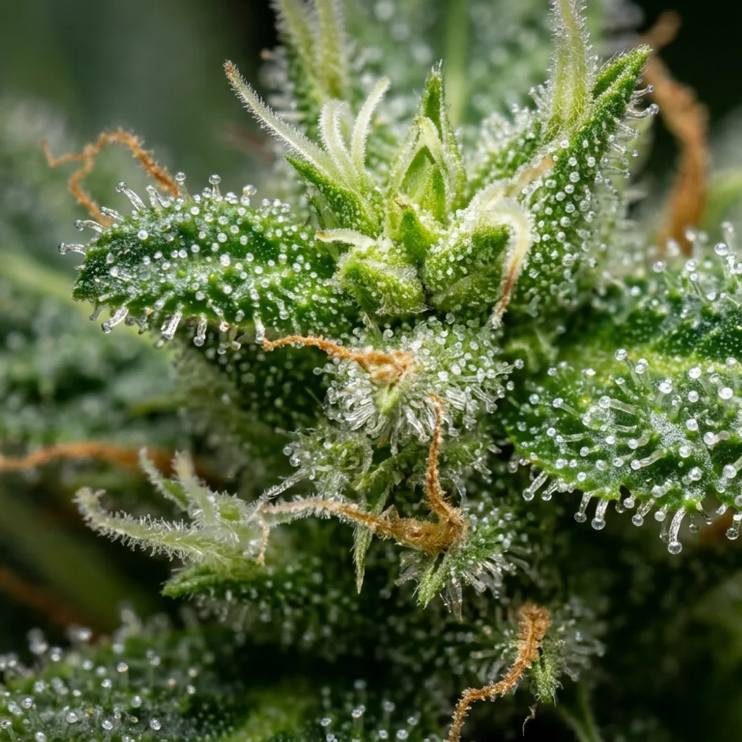 Macro closeup of translucent trichomes on developing cannabis flower under specialized UV-blocking LED lighting for scientific analysis.