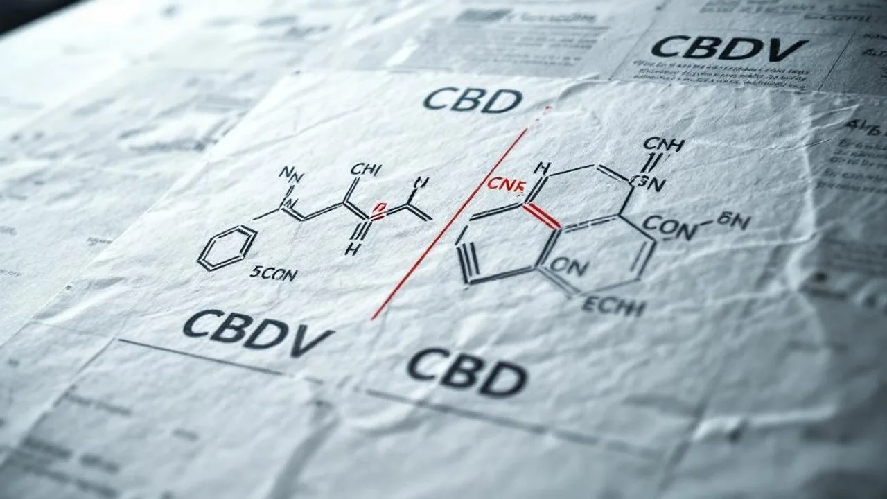 Molecular structure diagrams of CBDV and CBD on lab paper with red-highlighted side chain differences circled.