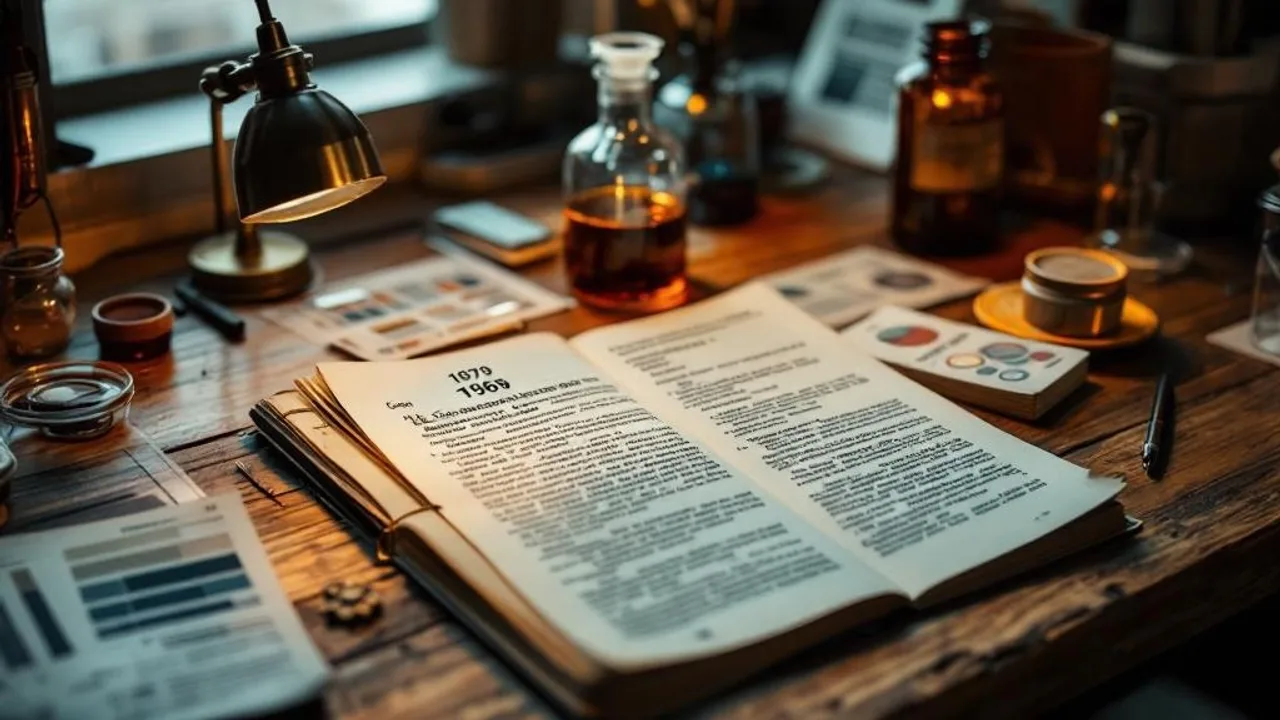 Vintage 1969 journal page on wooden desk beside modern chromatography printouts and amber vial under warm lamplight.