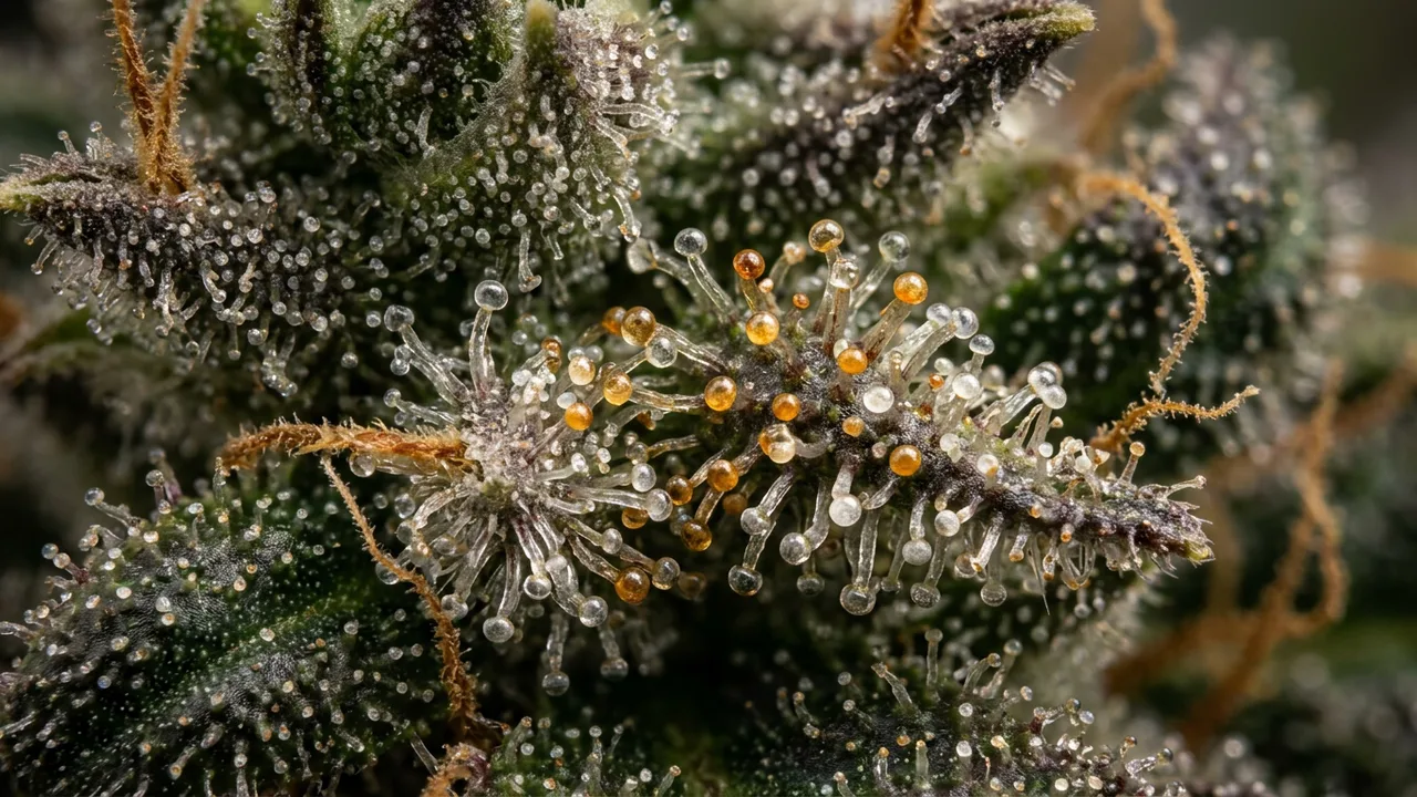 Magnified cannabis trichomes displaying clear and amber resin heads on a CBD-dominant flower under scientific lighting.
