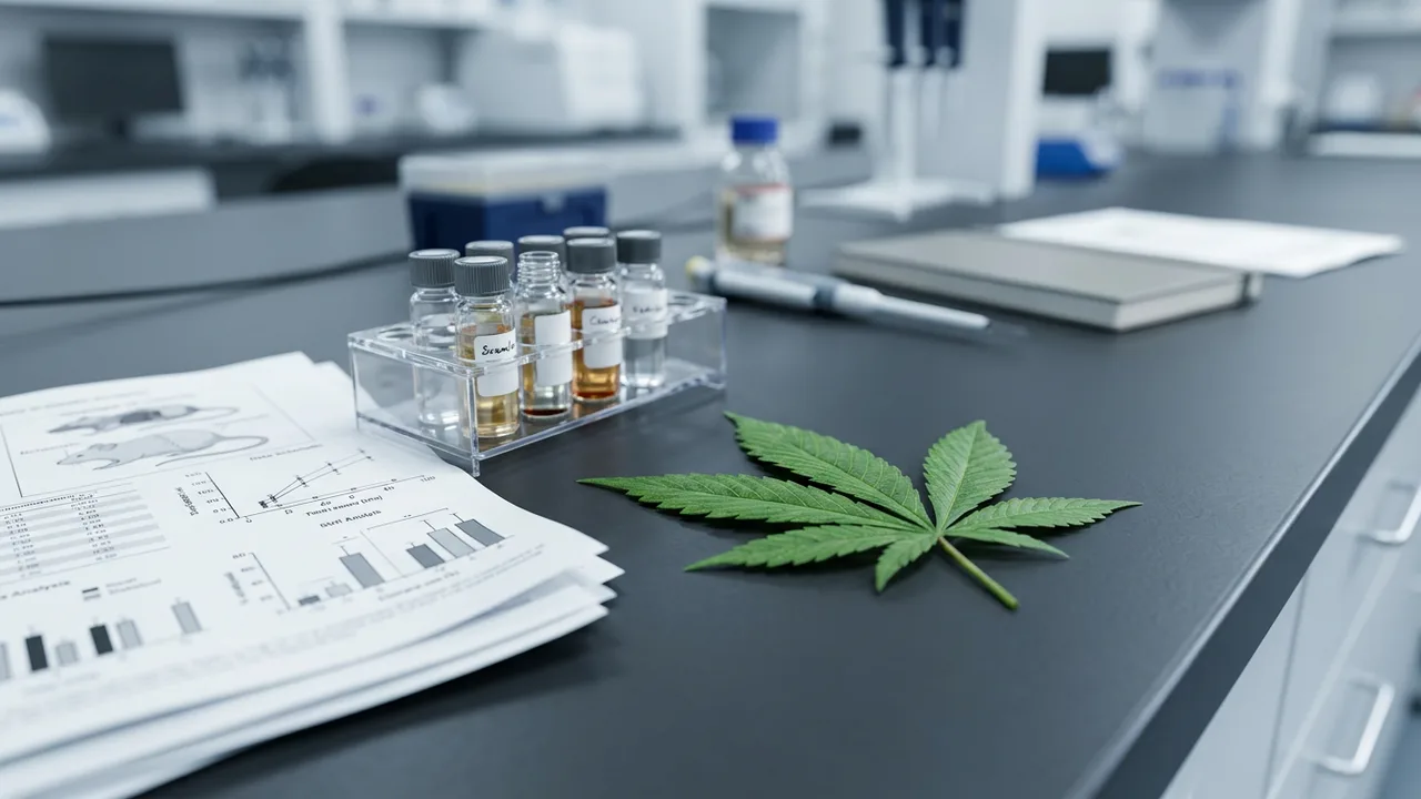 Lab bench with research charts, rodent study data, labeled vials, and cannabis leaf under cool overhead lighting.