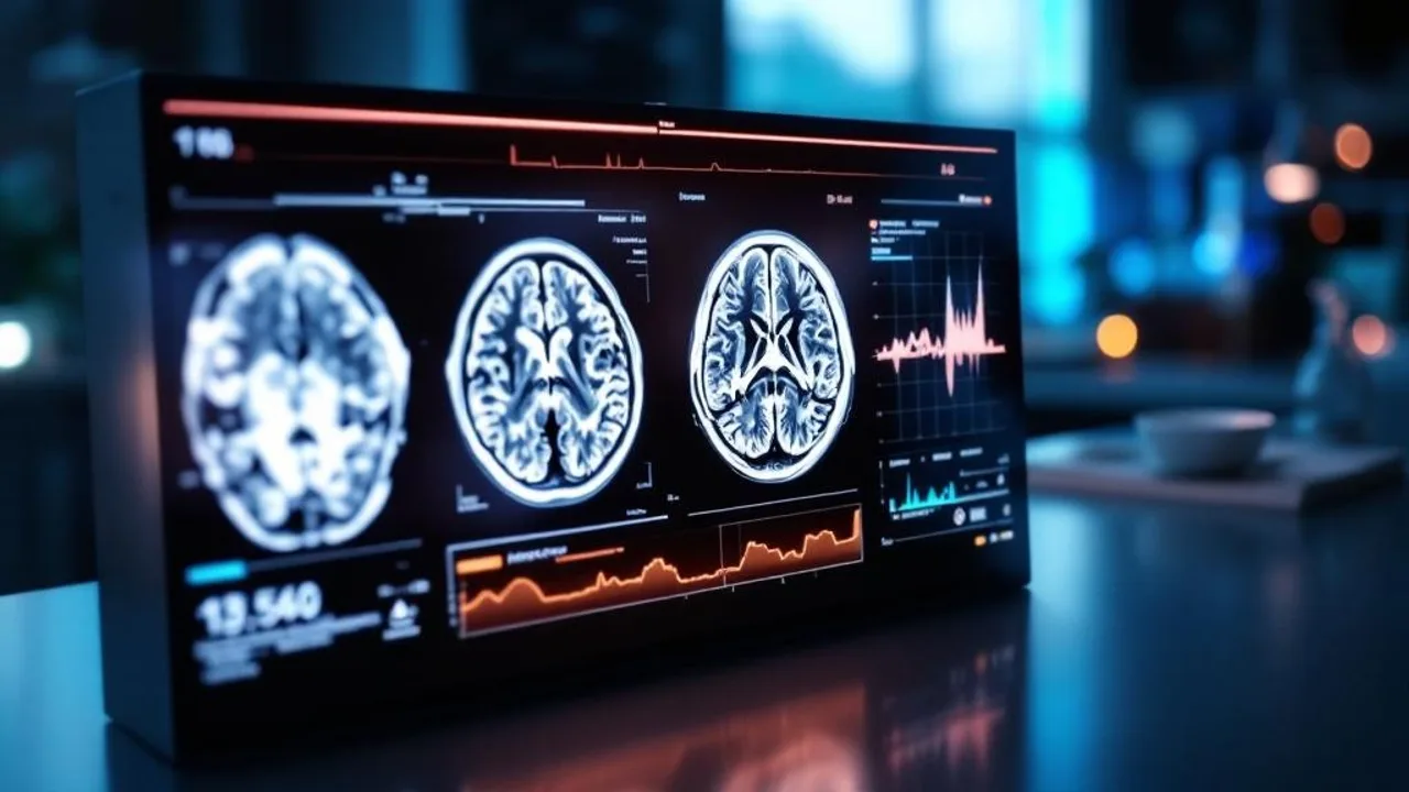 Brain MRI scans on a light box with overlaid spectroscopy graphs under clinical blue-white lighting for neuroscience research.