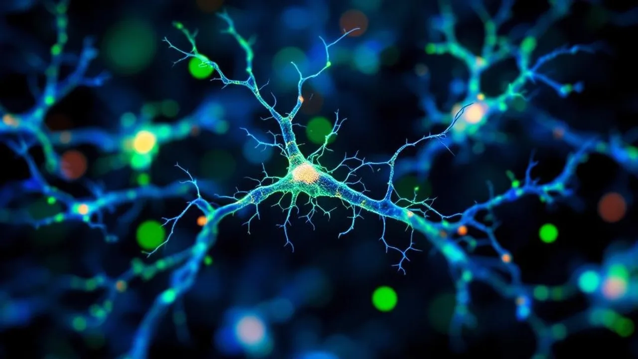 Fluorescent hippocampal neurons with branching dendrites and overlaid green electrophysiology trace lines on dark background.