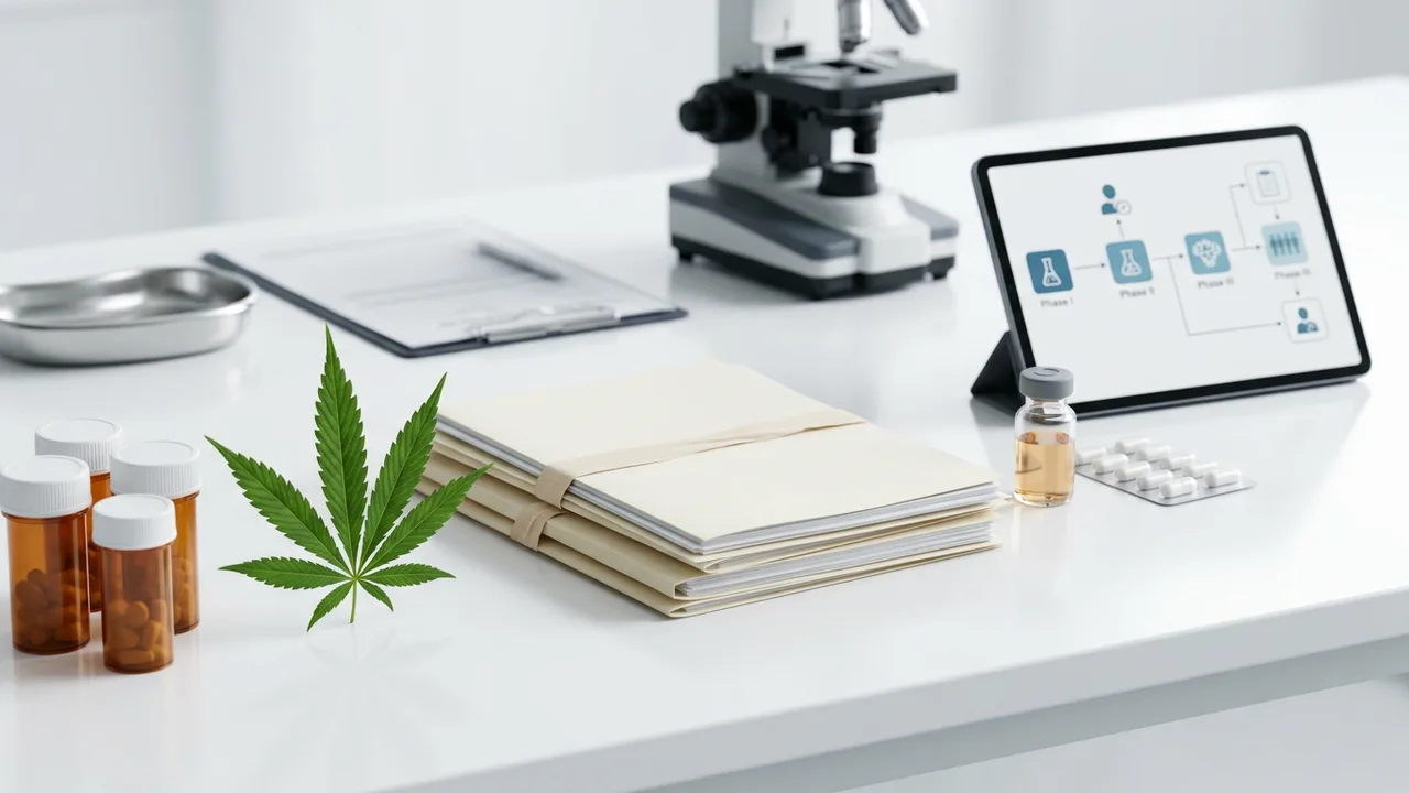 Clinical trial timeline showing pill bottles, regulatory documents, and cannabis leaf on white desk.