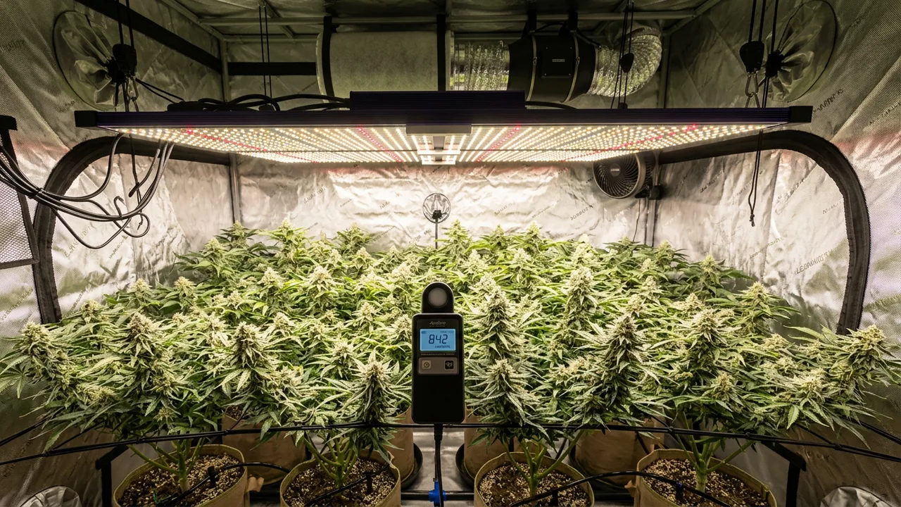 LED grow light with Samsung diodes suspended above cannabis canopy, PPFD meter measuring light intensity at plant level, mylar-lined tent in
