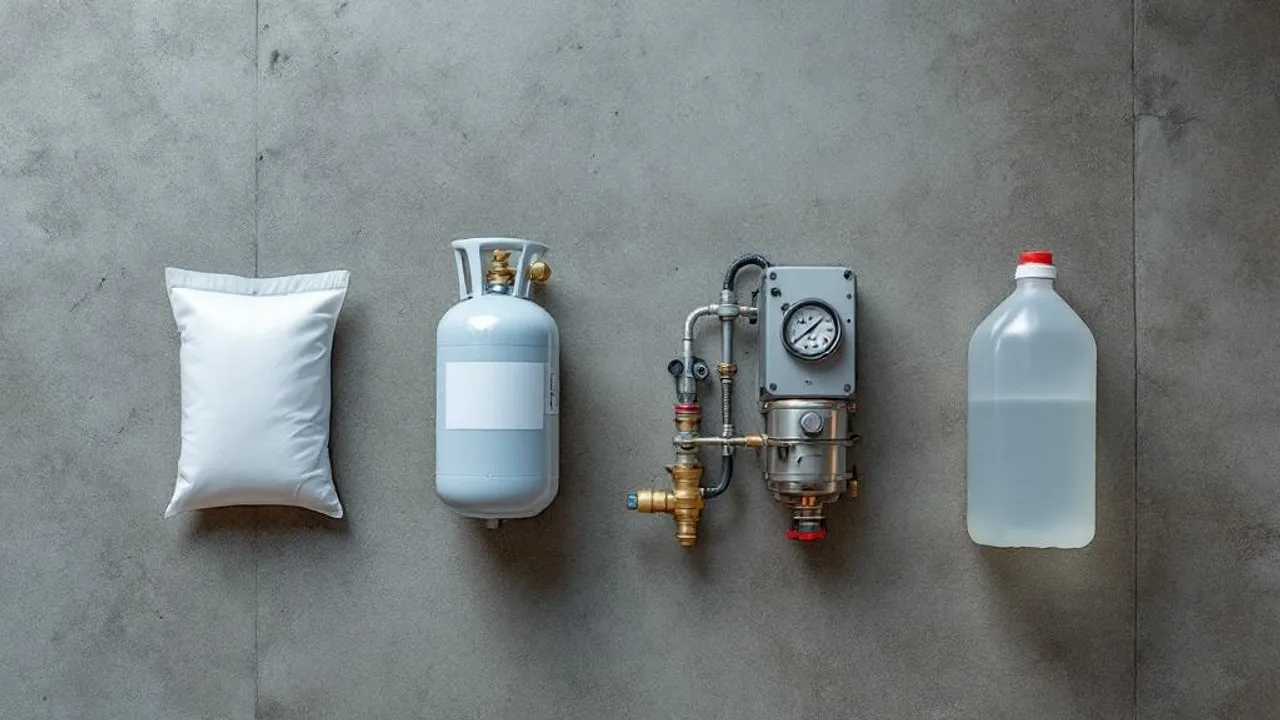 Four CO2 supplementation methods arranged overhead on concrete: CO2 bag, compressed tank with regulator, propane burner, and vinegar-baking 