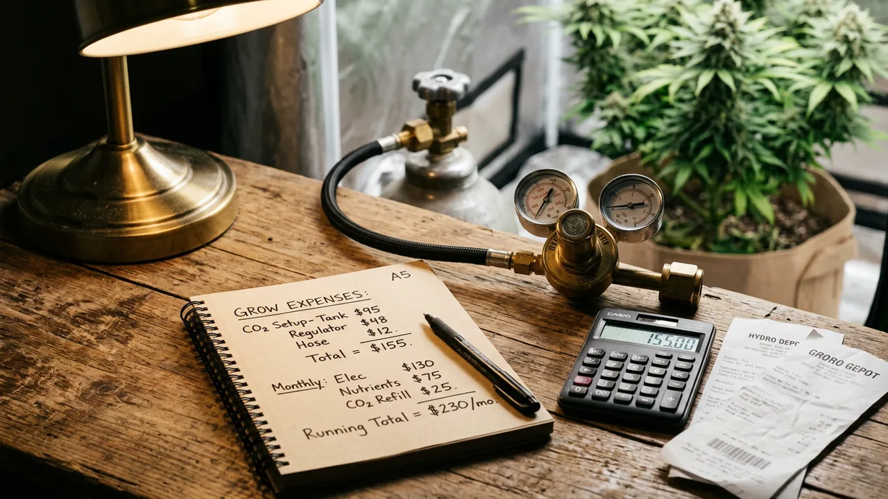 Hand writing cost calculations on notepad beside CO2 regulator with receipts and calculator on wooden desk, cannabis plant blurred in backgr