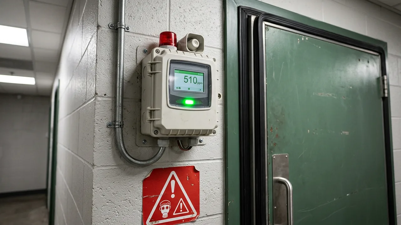 Wall-mounted CO2 safety monitor displaying green safe reading beside sealed grow room door with red warning sticker in industrial hallway.