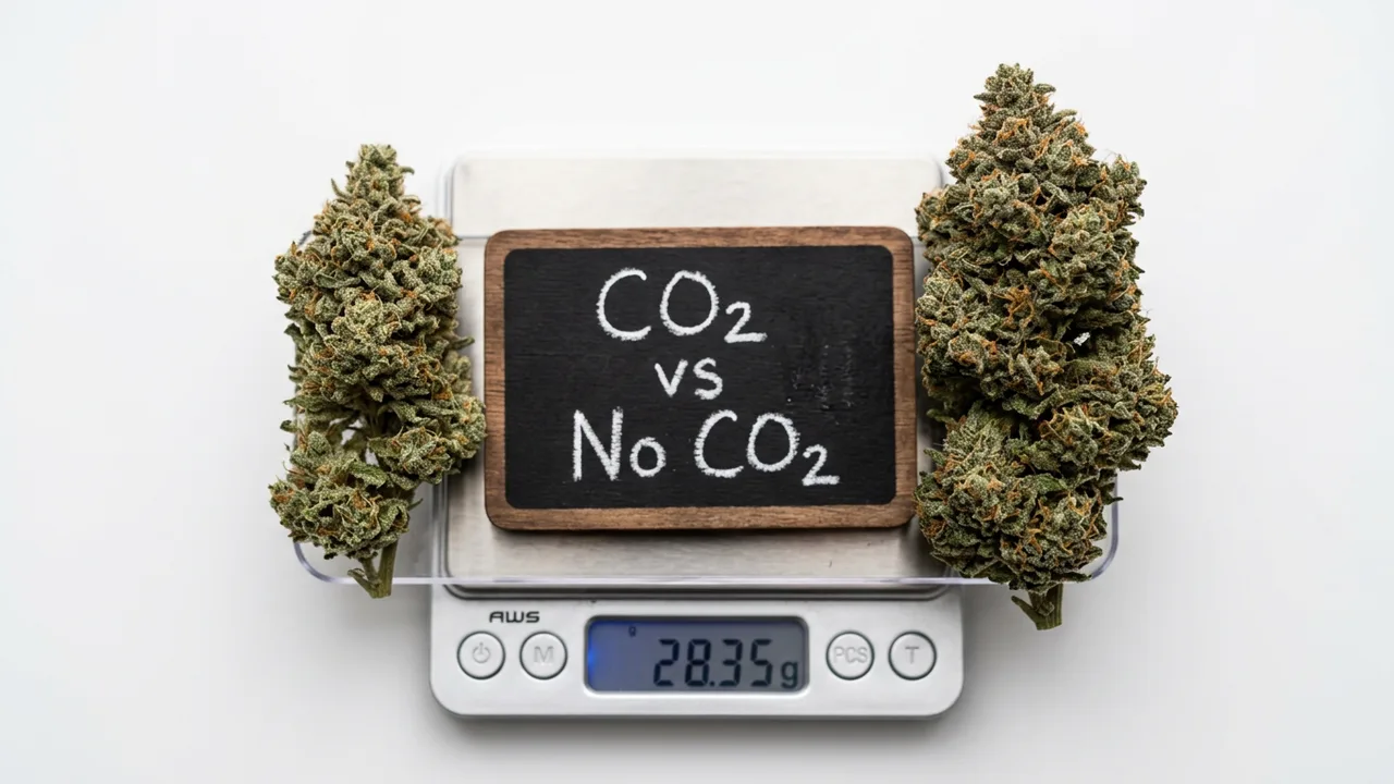 Two cannabis colas on a scale showing larger, denser yield from CO2 supplementation compared to untreated control sample.