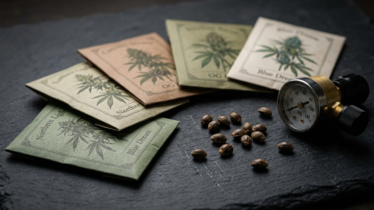 Seed packets and scattered cannabis seeds arranged on dark slate next to a CO2 regulator gauge in macro detail.