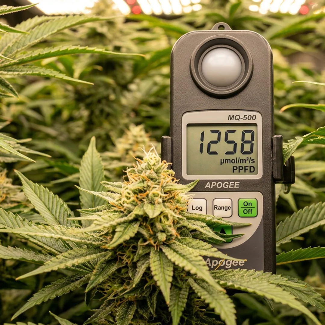 PAR meter displaying high PPFD reading at cannabis canopy level beneath LED grow light with green foliage visible.