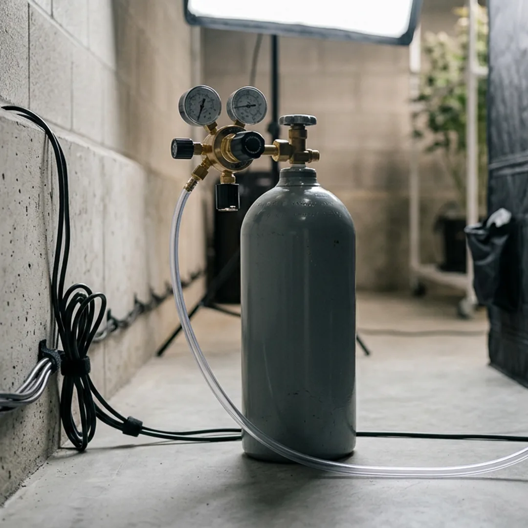 CO2 tank with brass regulator and tubing entering grow tent through port on concrete floor with organized cable management.