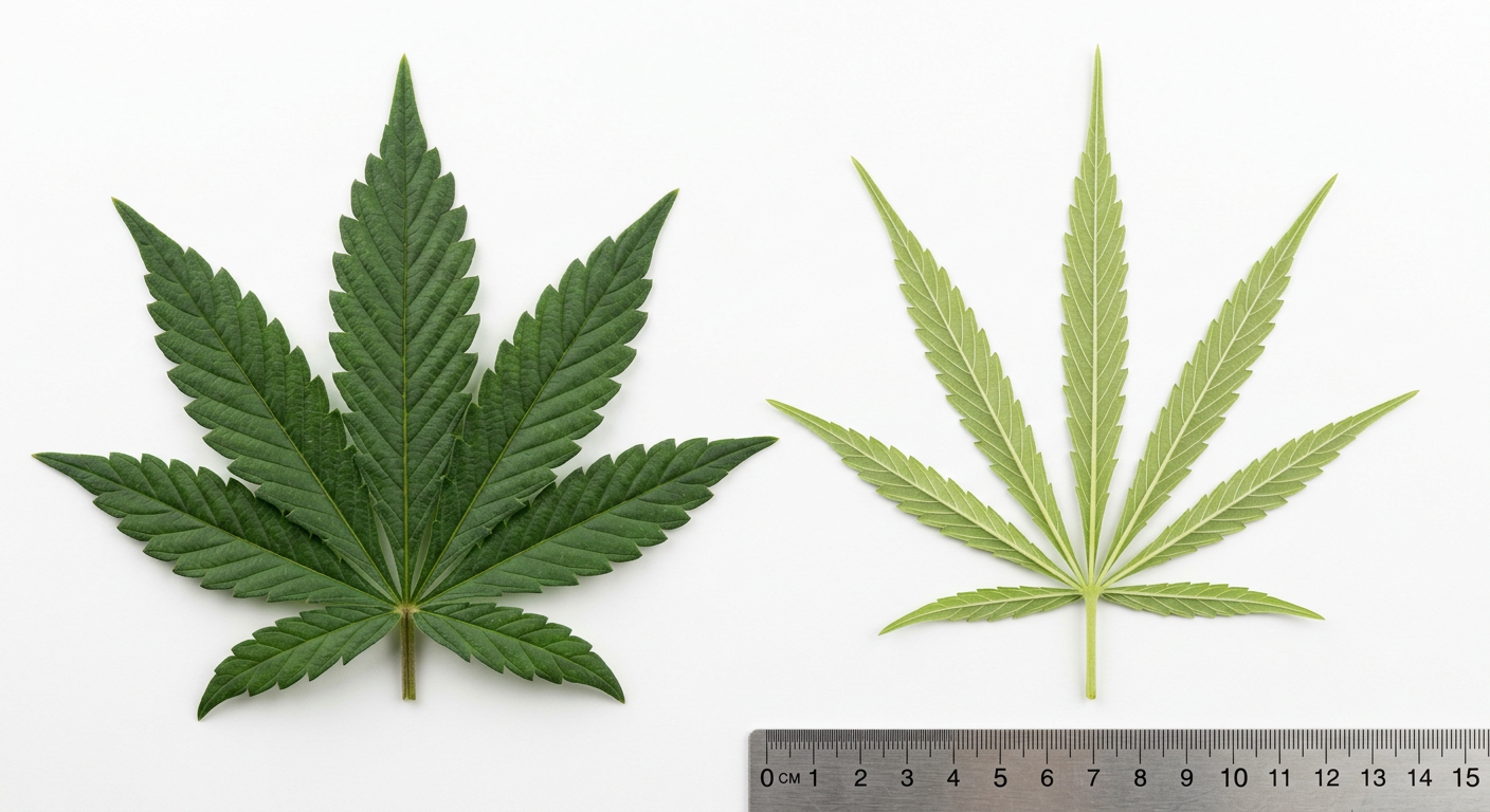 Leaf morphology is one of the most reliable visual indicators of genetic heritage — broad fingers signal indica, narrow signals sativa.