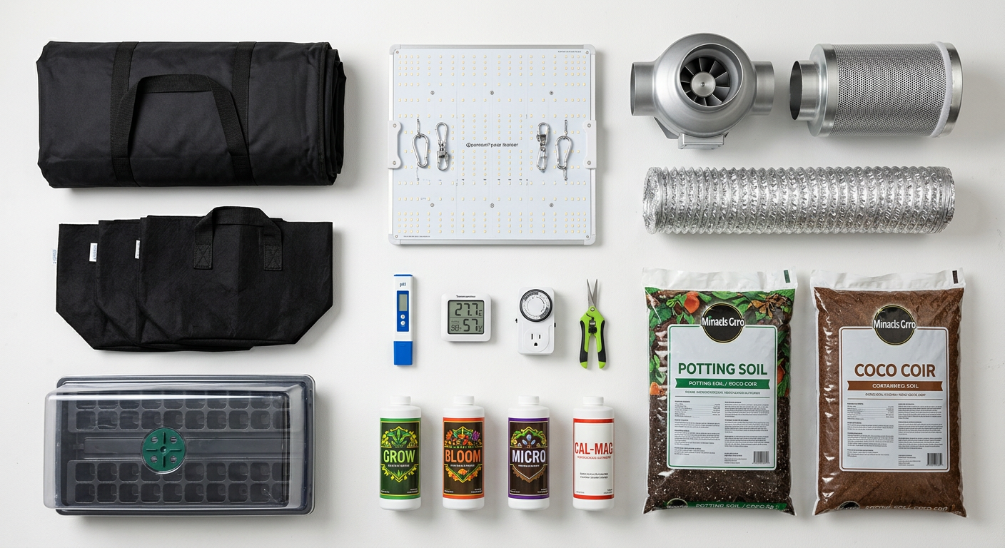 
  All essential indoor grow tent equipment laid out before assembly
