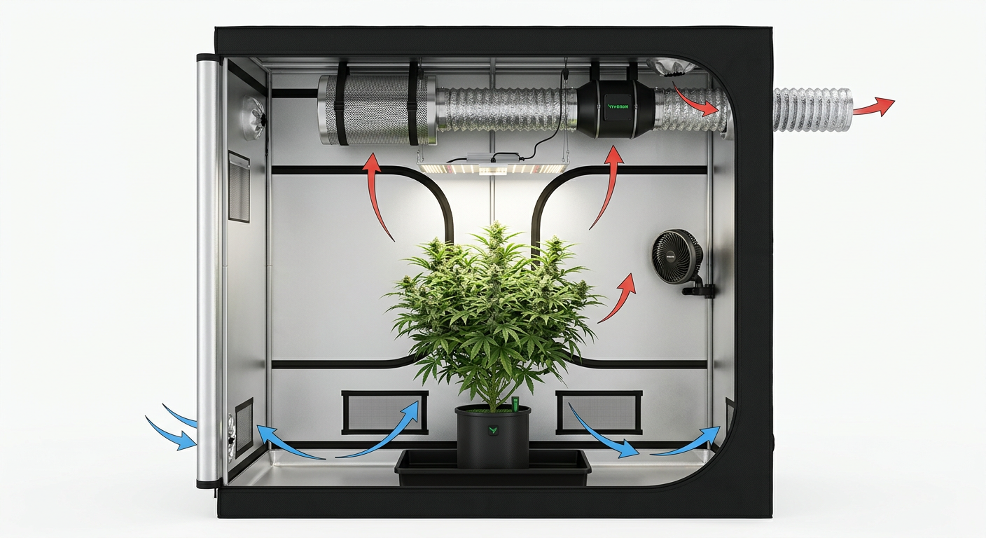 
  Grow tent ventilation diagram showing carbon filter, inline fan, and airflow direction
