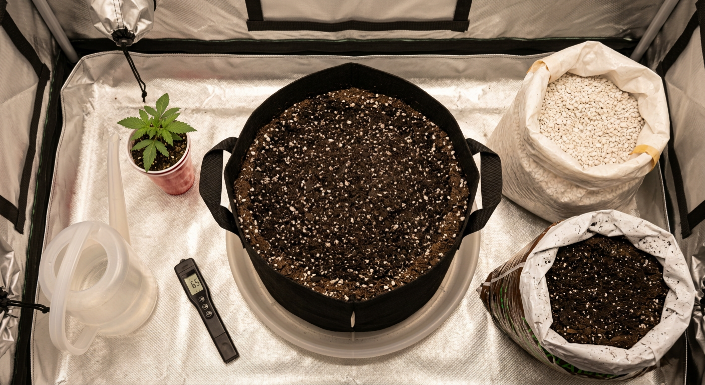 
  5-gallon fabric pot setup with premium cannabis soil, perlite, and drainage saucer
