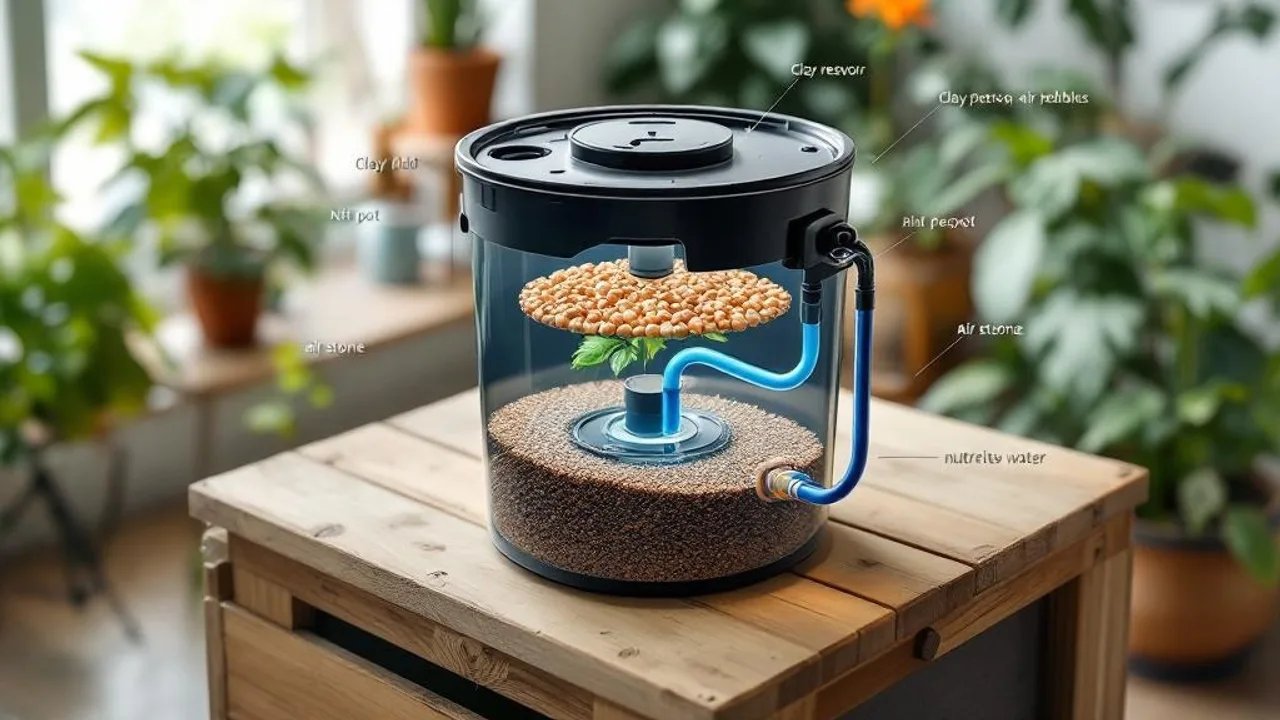 Exploded isometric diagram of DWC bucket components including reservoir, lid, net pot, clay pebbles, air stone, and tubing for cannabis grow
