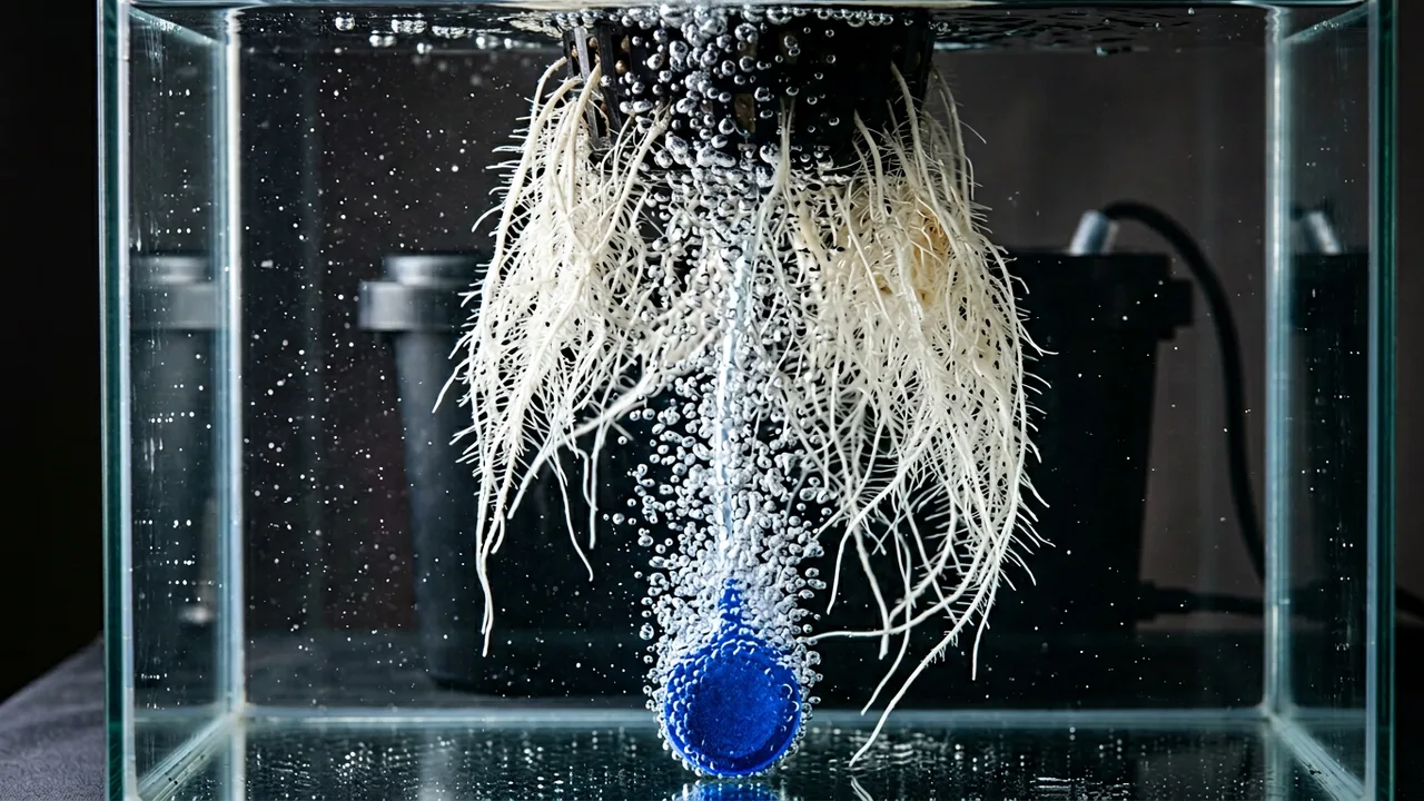 Bubble column rises through nutrient water with white cannabis roots suspended above glowing blue air stone under dramatic lighting.