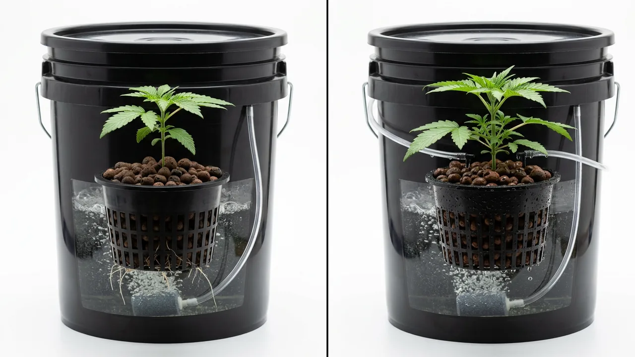 Side-by-side comparison of DWC bucket with seedling versus bubbleponics system with drip lines and hydroton on white background.