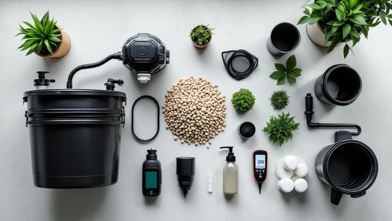 Organized overhead view of DWC hydroponic system components including black bucket, net pot, clay pebbles, air pump, stones, pH meter, and n