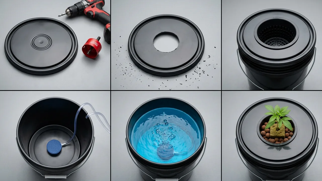 Overhead view of DWC bucket assembly steps: drilled lid, net pot insertion, air stone placement, water fill, and seedling positioning on wor