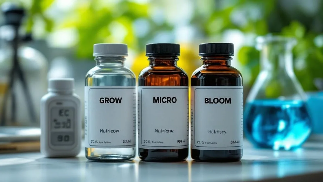 Three labeled nutrient bottles and EC meter beside blue hydroponic solution in beaker on lab surface.