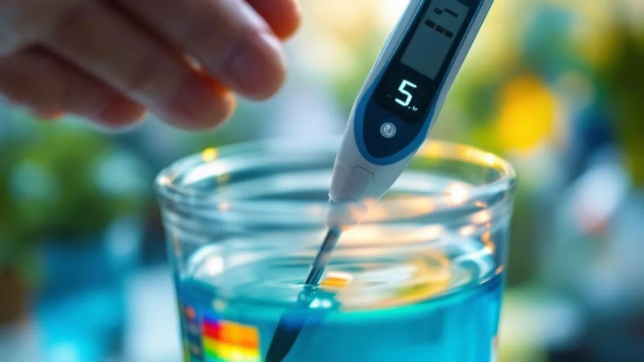 Digital pH meter displaying 5.8 in blue nutrient solution with color reference chart strip nearby.