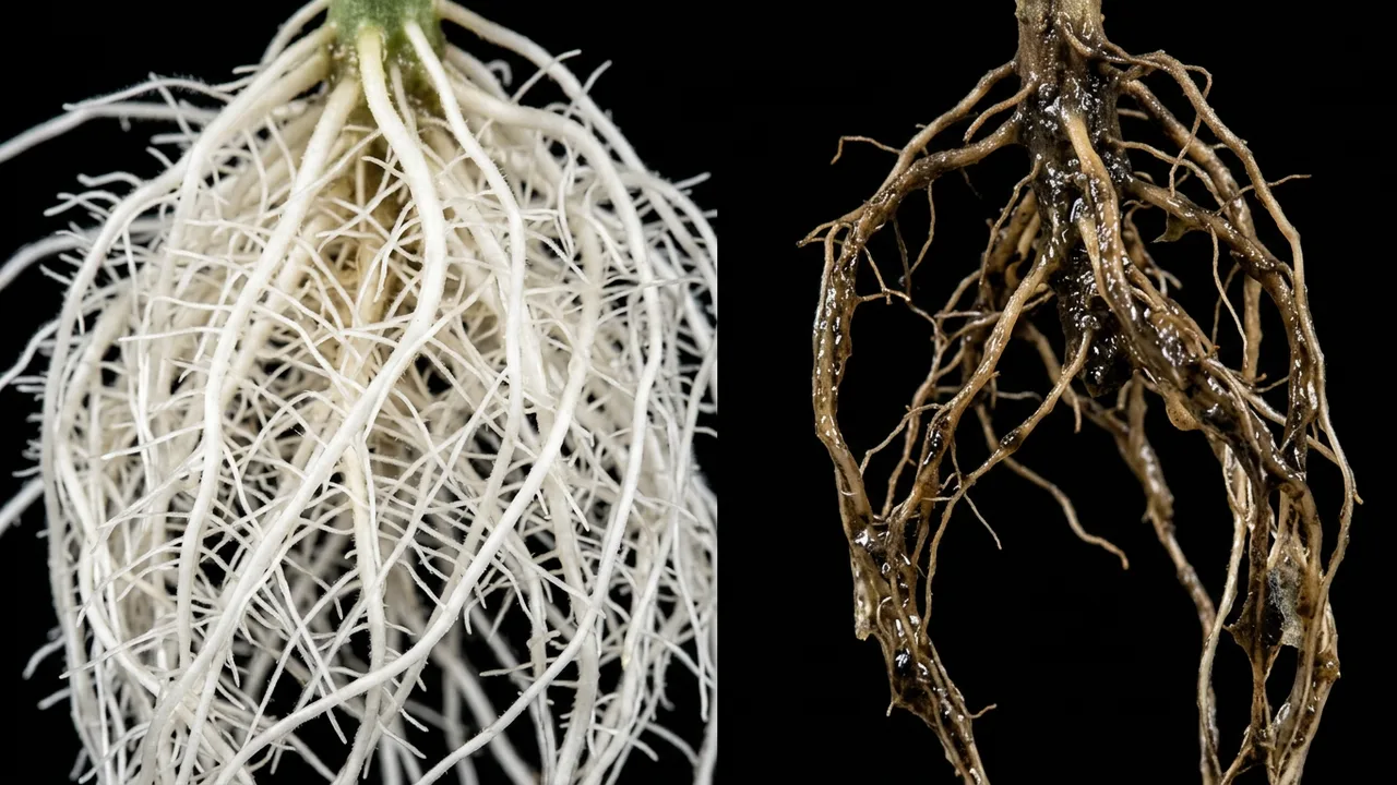 Healthy white cannabis roots contrasted with brown rotted roots on black background showing DWC root rot damage.