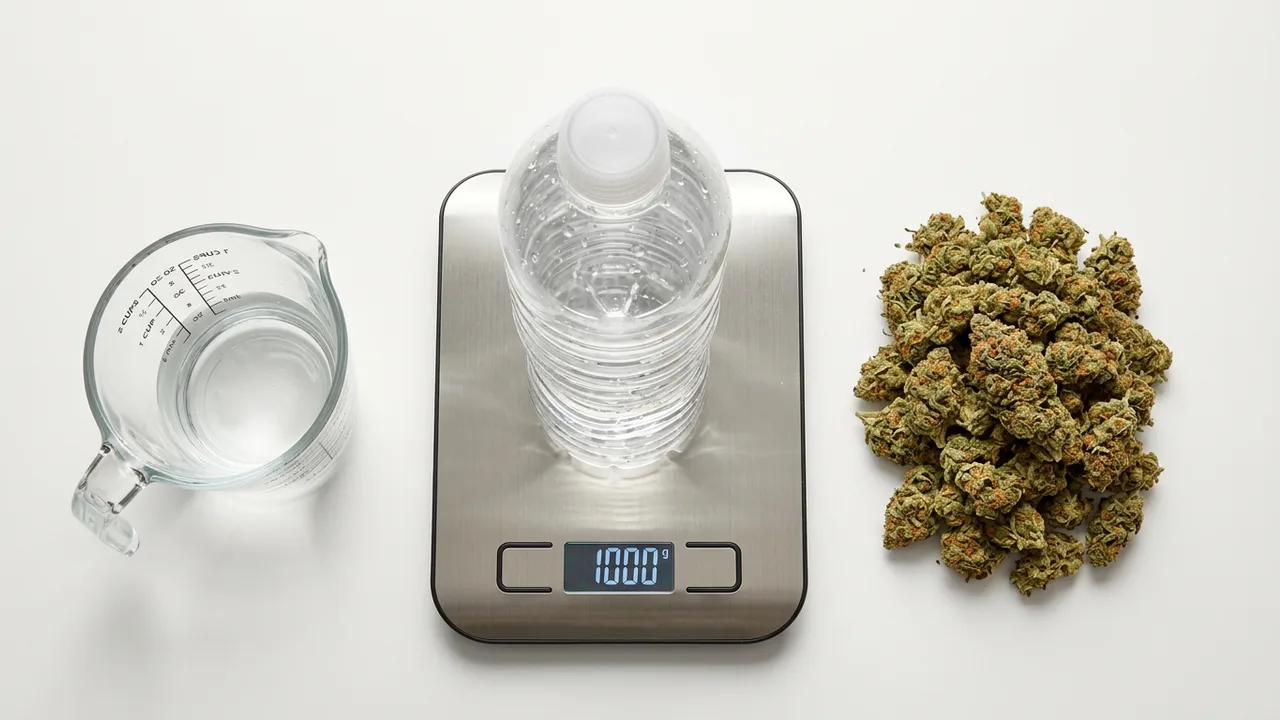 Digital scale displaying 1 pound of dried cannabis bud next to a 1-liter water bottle and pint measuring cup on white background.