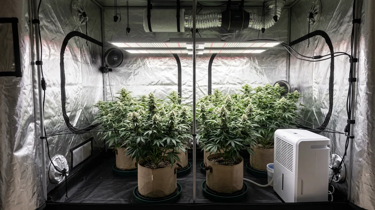 Four flowering cannabis plants under LED lights in a 4x4 tent with a white dehumidifier in the front corner and organized ducting visible.