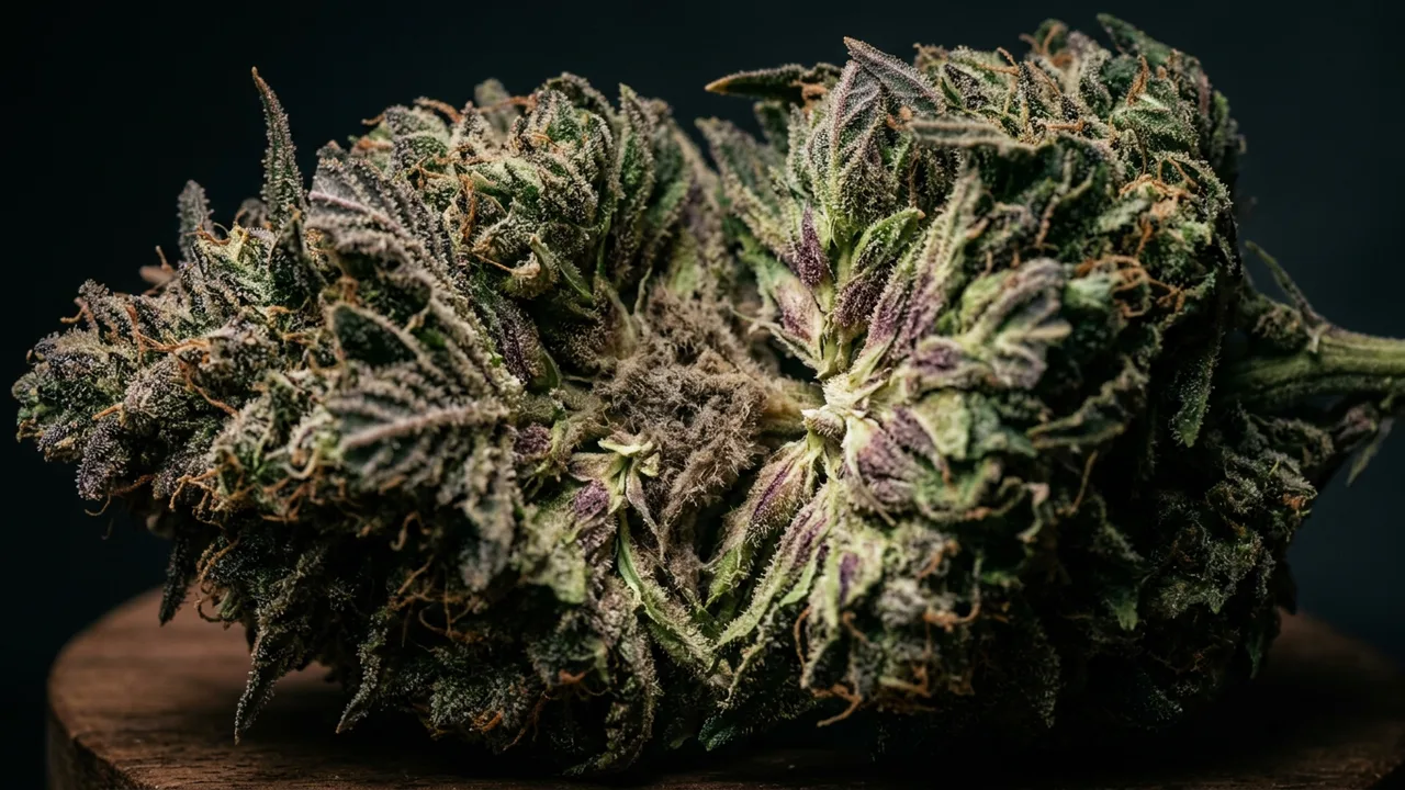 Dense cannabis cola split open revealing grey botrytis fungal growth inside purple-tinged bud under macro lighting.