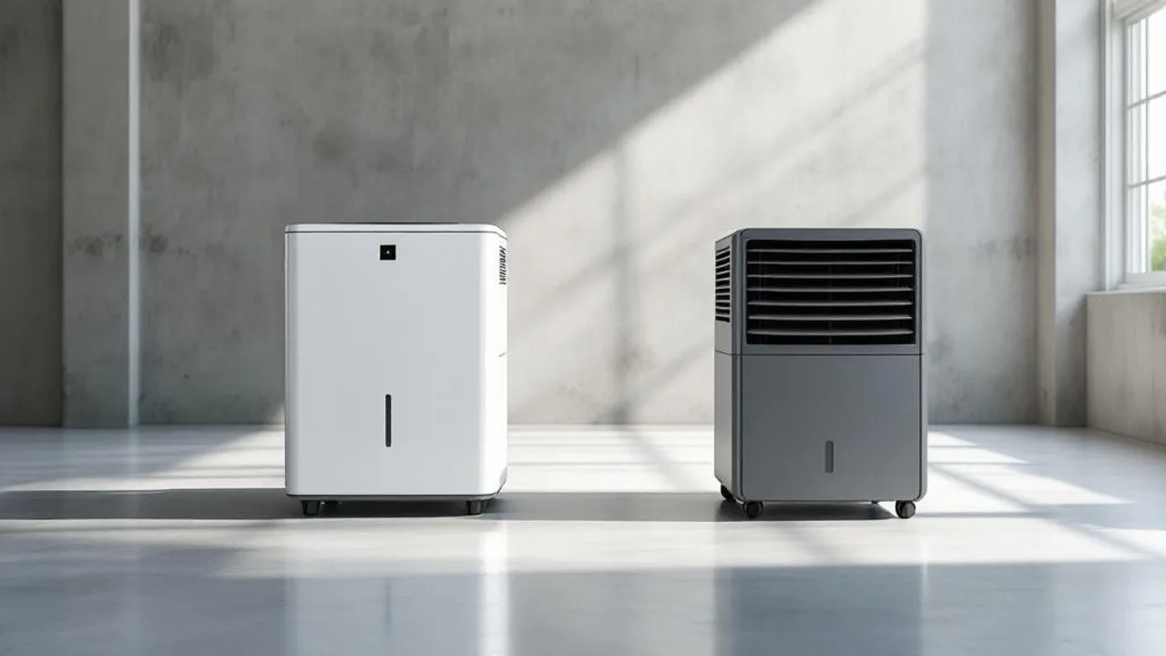 White compressor and grey desiccant dehumidifiers side by side on concrete floor under studio lighting for grow room comparison.