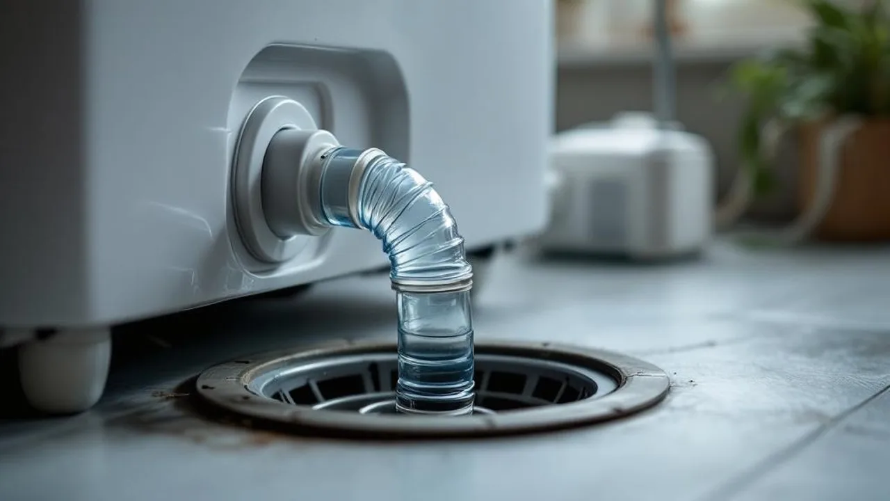 Close-up of dehumidifier drain port with vinyl hose connected to floor drain and white condensate pump visible in utility room.