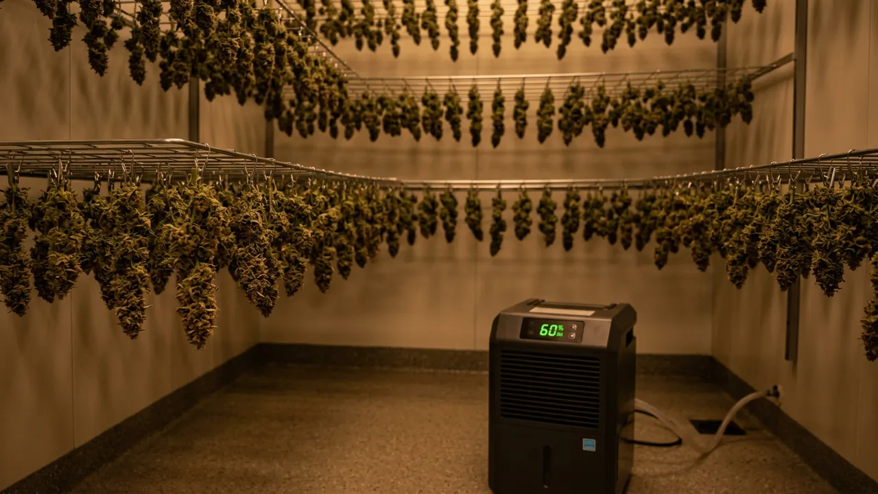 Trimmed cannabis colas hang from wire racks in organized rows inside a drying room with a dehumidifier displaying 60% humidity and amber lig