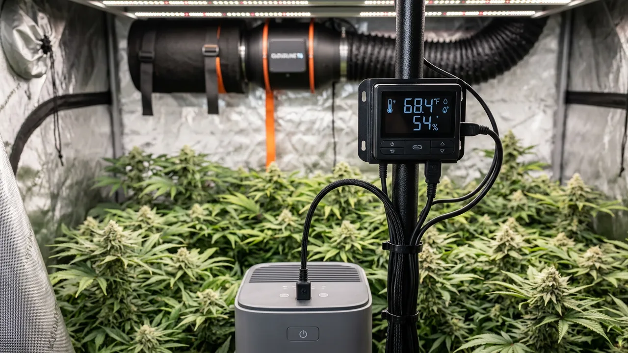 Digital environmental controller mounted on grow tent pole displaying humidity and temperature readings with connected dehumidifier and carb